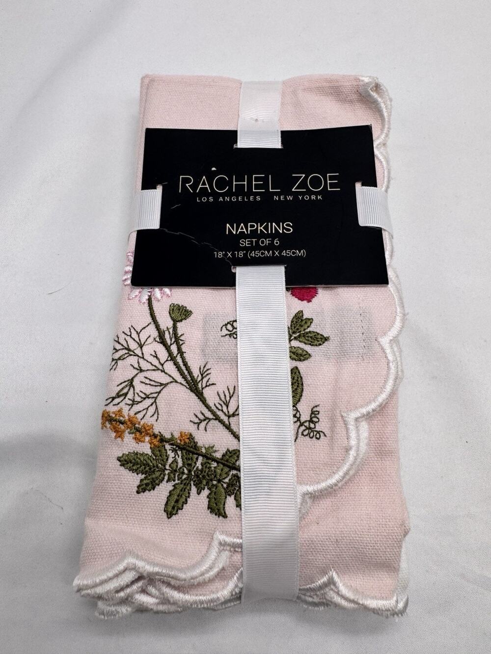 Rachel Zoe Cotton Blend Napkins Set of 6 18x18 Embroidered Floral Cottage Picnic